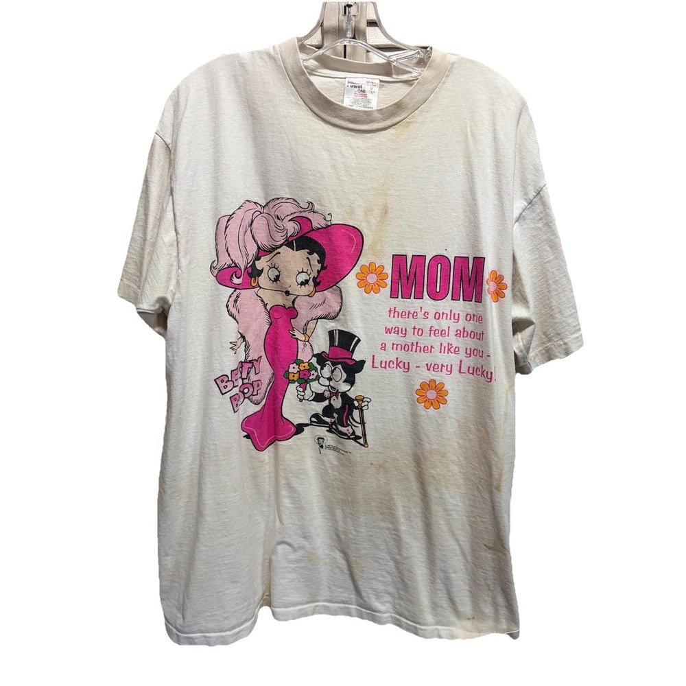 Vintage Betty Boop Graphic Tshirt Womens White/Pink Size XL "Mom" Single Stitch
